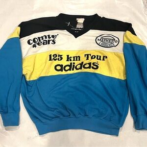 Sporty 90s Athletic Medium Adidas Blue Black Yellow and White Crew Neck Sweater
